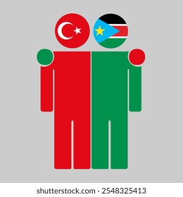 Flat illustration of two human figures with Turkey and South Sudan flags as heads. Minimalistic design, isolated background.