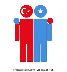 Flat illustration of two human figures with Turkey and Somalia flags as heads. Minimalistic design, isolated background.