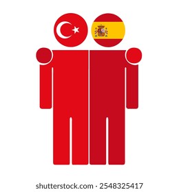 Flat illustration of two human figures with Turkey and Spain flags as heads. Minimalistic design, isolated background.