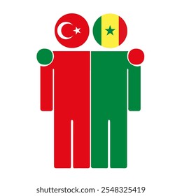 Flat illustration of two human figures with Turkey and Senegal flags as heads. Minimalistic design, isolated background.