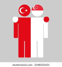 Flat illustration of two human figures with Turkey and Singapore flags as heads. Minimalistic design, isolated background.