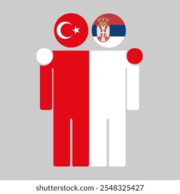 Flat illustration of two human figures with Turkey and Serbia flags as heads. Minimalistic design, isolated background.