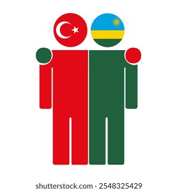 Flat illustration of two human figures with Turkey and Rwanda flags as heads. Minimalistic design, isolated background.