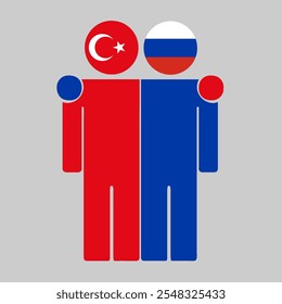 Flat illustration of two human figures with Turkey and Russia flags as heads. Minimalistic design, isolated background.