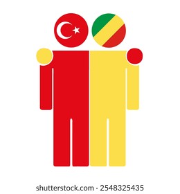 Flat illustration of two human figures with Turkey and Republic of the Congo flags as heads. Minimalistic design, isolated background.