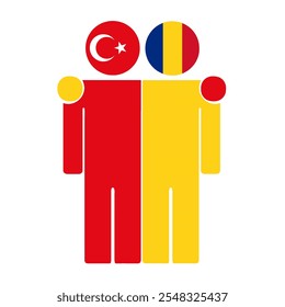 Flat illustration of two human figures with Turkey and Romania flags as heads. Minimalistic design, isolated background.