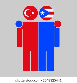 Flat illustration of two human figures with Turkey and Puerto Rico flags as heads. Minimalistic design, isolated background.