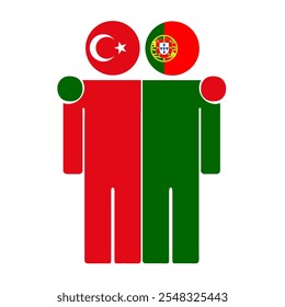 Flat illustration of two human figures with Turkey and Portugal flags as heads. Minimalistic design, isolated background.