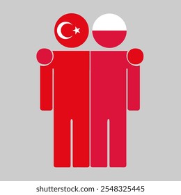 Flat illustration of two human figures with Turkey and Poland flags as heads. Minimalistic design, isolated background.