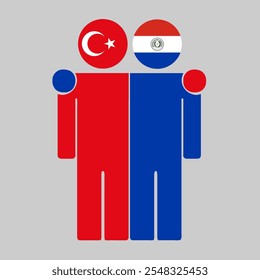 Flat illustration of two human figures with Turkey and Paraguay flags as heads. Minimalistic design, isolated background.