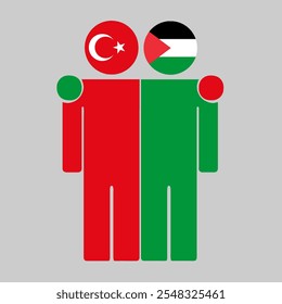 Flat illustration of two human figures with Turkey and Palestine flags as heads. Minimalistic design, isolated background.