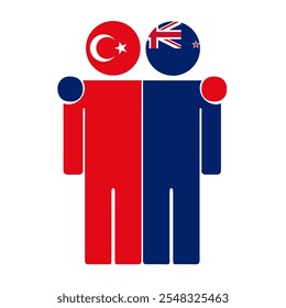 Flat illustration of two human figures with Turkey and New Zealand flags as heads. Minimalistic design, isolated background.