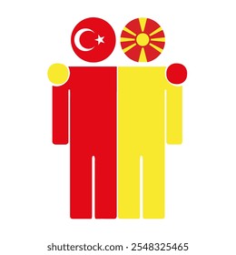 Flat illustration of two human figures with Turkey and North Macedonia flags as heads. Minimalistic design, isolated background.