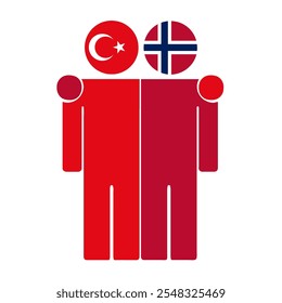 Ilustración plana de dos figuras humanas con banderas de Turquía y Noruega como cabezas. Diseño minimalista, fondo aislado.