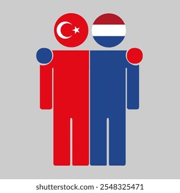 Ilustração plana de duas figuras humanas com bandeiras da Turquia e da Holanda como cabeças. Design minimalista, fundo isolado.