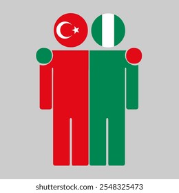 Flat illustration of two human figures with Turkey and Nigeria flags as heads. Minimalistic design, isolated background.