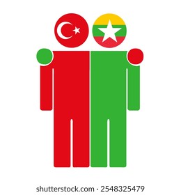 Ilustração plana de duas figuras humanas com bandeiras da Turquia e de Mianmar como cabeças. Design minimalista, fundo isolado.