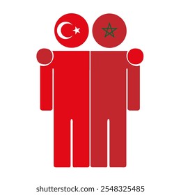 Flat illustration of two human figures with Turkey and Morocco flags as heads. Minimalistic design, isolated background.