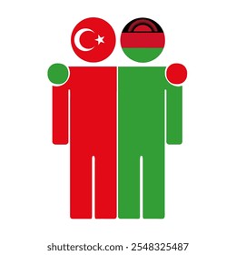 Flat illustration of two human figures with Turkey and Malawi flags as heads. Minimalistic design, isolated background.