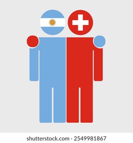 Flat illustration of two human figures with Argentina and Switzerland flags as heads. Minimalistic design, isolated background.