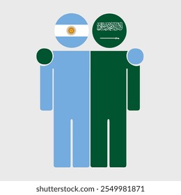 Flat illustration of two human figures with Argentina and Saudi Arabia flags as heads. Minimalistic design, isolated background.