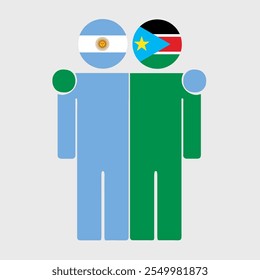 Flat illustration of two human figures with Argentina and South Sudan flags as heads. Minimalistic design, isolated background.