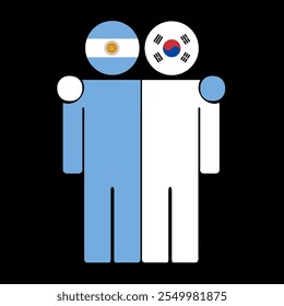 Flat illustration of two human figures with Argentina and South Korea flags as heads. Minimalistic design, isolated background.