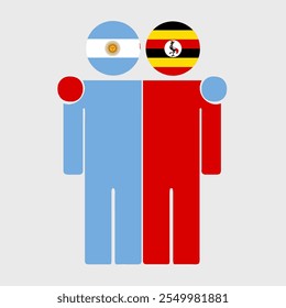 Flat illustration of two human figures with Argentina and Uganda flags as heads. Minimalistic design, isolated background.