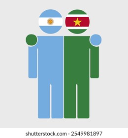 Flat illustration of two human figures with Argentina and Suriname flags as heads. Minimalistic design, isolated background.