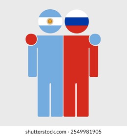 Flat illustration of two human figures with Argentina and Russia flags as heads. Minimalistic design, isolated background.