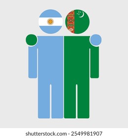 Flat illustration of two human figures with Argentina and Turkmenistan flags as heads. Minimalistic design, isolated background.