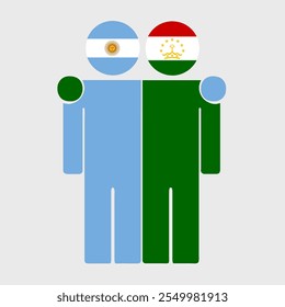 Flat illustration of two human figures with Argentina and Tajikistan flags as heads. Minimalistic design, isolated background.