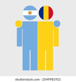 Flat illustration of two human figures with Argentina and Romania flags as heads. Minimalistic design, isolated background.