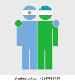 Flat illustration of two human figures with Argentina and Uzbekistan flags as heads. Minimalistic design, isolated background.