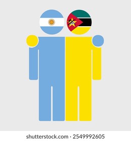 Flat illustration of two human figures with Argentina and Mozambique flags as heads. Minimalistic design, isolated background.