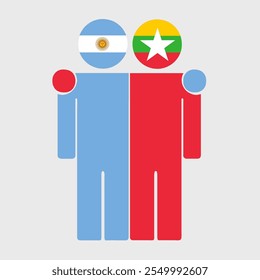 Flat illustration of two human figures with Argentina and Myanmar flags as heads. Minimalistic design, isolated background.