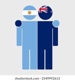 Flat illustration of two human figures with Argentina and New Zealand flags as heads. Minimalistic design, isolated background.