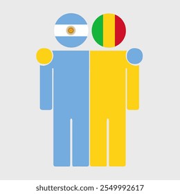 Ilustração plana de duas figuras humanas com a Argentina e as bandeiras do Mali como cabeças. Design minimalista, fundo isolado.