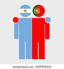 Flat illustration of two human figures with Argentina and Portugal flags as heads. Minimalistic design, isolated background.