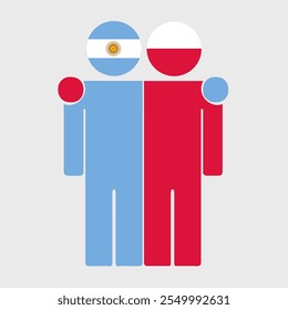 Flat illustration of two human figures with Argentina and Poland flags as heads. Minimalistic design, isolated background.