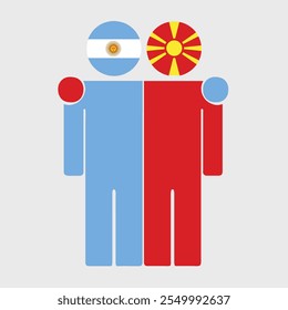 Flat illustration of two human figures with Argentina and North Macedonia flags as heads. Minimalistic design, isolated background.