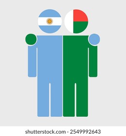 Flat illustration of two human figures with Argentina and Madagascar flags as heads. Minimalistic design, isolated background.