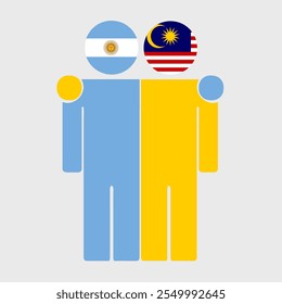 Flat illustration of two human figures with Argentina and Malaysia flags as heads. Minimalistic design, isolated background.