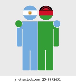 Flat illustration of two human figures with Argentina and Malawi flags as heads. Minimalistic design, isolated background.