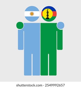 Flat illustration of two human figures with Argentina and New Caledonia flags as heads. Minimalistic design, isolated background.