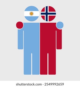 Ilustración plana de dos figuras humanas con banderas de Argentina y Noruega como cabezas. Diseño minimalista, fondo aislado.