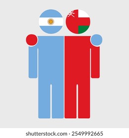 Flat illustration of two human figures with Argentina and Oman flags as heads. Minimalistic design, isolated background.