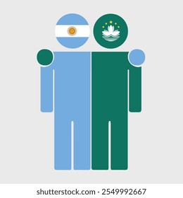 Ilustração plana de duas figuras humanas com as bandeiras da Argentina e da China de Macau como cabeças. Design minimalista, fundo isolado.