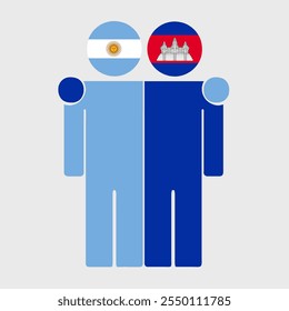 Flat illustration of two human figures with Argentina and Cambodia flags as heads. Minimalistic design, isolated background.