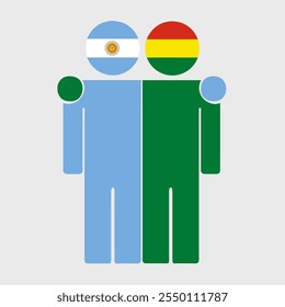 Flat illustration of two human figures with Argentina and Bolivia flags as heads. Minimalistic design, isolated background.